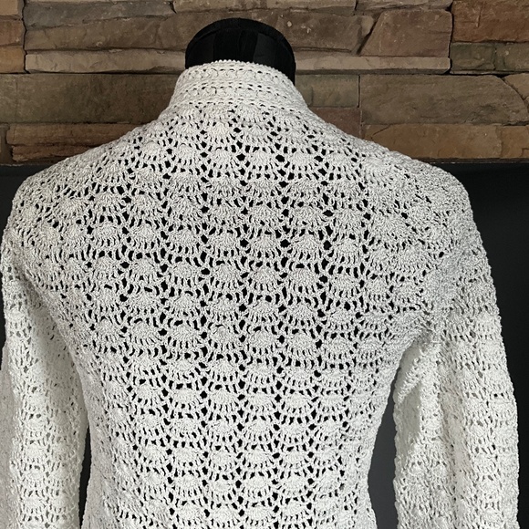 Handmade Knit Crochet Open Front Cardigan Sweater Boho White Silver Metallic S - Picture 8 of 8